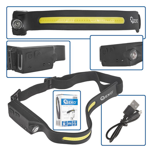 Lampada frontale a LED COB 3w, impermeabile, a batteria interna, con sensore di movimento, torcia a striscia Geko