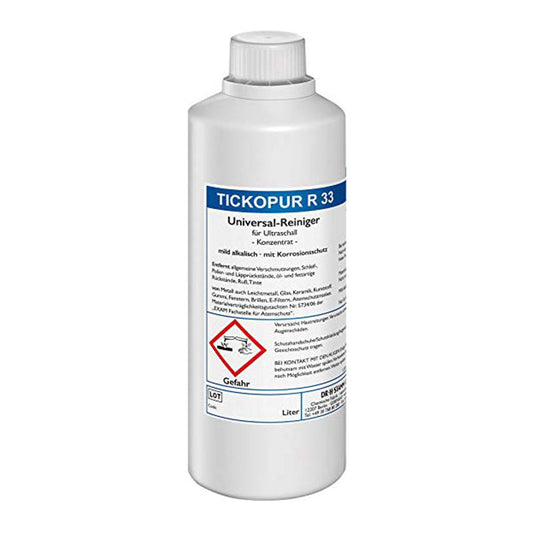 Liquido specifico concentrato per lavaggio vaschetta vasca ultrasuoni sgrassante disincrostante, fluido detergente, 1 litro R33