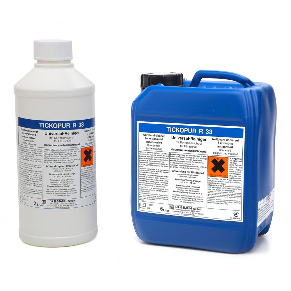 Liquido specifico concentrato per lavaggio vaschetta vasca ultrasuoni sgrassante disincrostante, fluido detergente, 2 litri R33