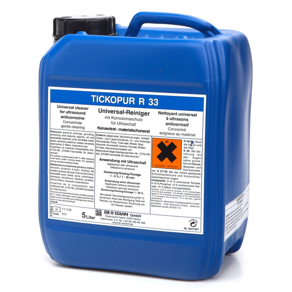 Liquido specifico concentrato per lavaggio vaschetta vasca ultrasuoni sgrassante disincrostante, fluido detergente, 5 litri R33