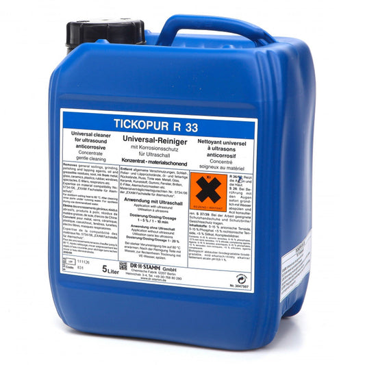 Liquido specifico concentrato per lavaggio vaschetta vasca ultrasuoni sgrassante disincrostante, fluido detergente, 5 litri R33