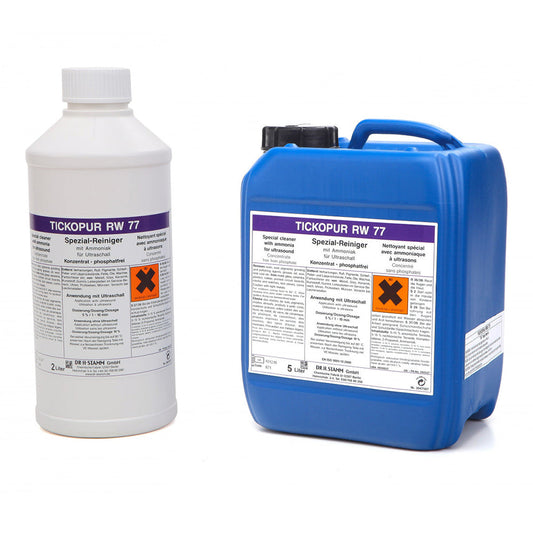 Liquido specifico concentrato per lavaggio vaschetta vasca ultrasuoni sgrassante disincrostante, fluido detergente, RW77