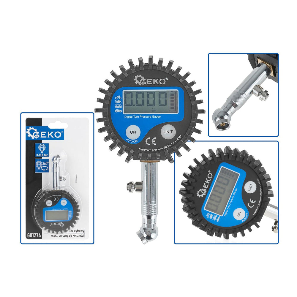 Manometro digitale per pneumatici, precisione professionale, 200 PSI, accessorio compressore aria con LCD, tubo in gomma per auto, Geko