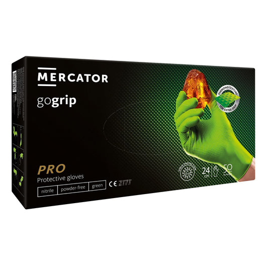 Guanti monouso in nitrile, extra resistenti, no polvere, no lattice, per meccanici, tatuatori, ristorazione, guanti da lavoro professionali, premium Mercator GoGrip Pro 3D verdi taglia M 50 pezzi
