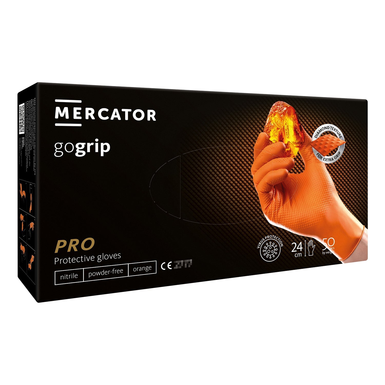 Guanti monouso in nitrile, extra resistenti, no polvere, no lattice, per meccanici, tatuatori, ristorazione, guanti da lavoro professionali, premium Mercator GoGrip Pro 3D arancioni taglia S 50 pezzi