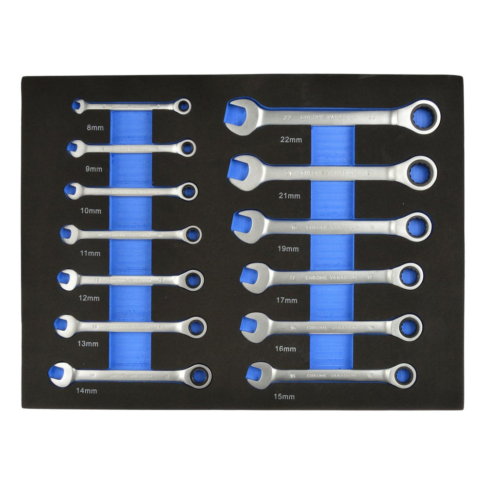 Modulo con inserto in schiuma per carrelli portautensili, kit chiavi combinate a cricchetto 8-22 mm, 13 pezzi Geko