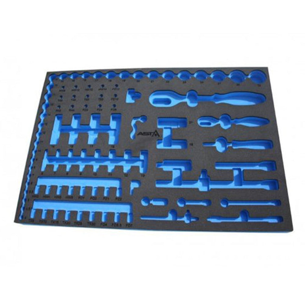Modulo in schiuma espansa per carrelli portautensili vuoto, per 95 pezzi chiavi a bussola e cricchetti, schiuma , schiuma a forma di cubo, per chiavi a bussola, cricchetti, inserti e prolunghe 54 X 39.5 X 3 cm
