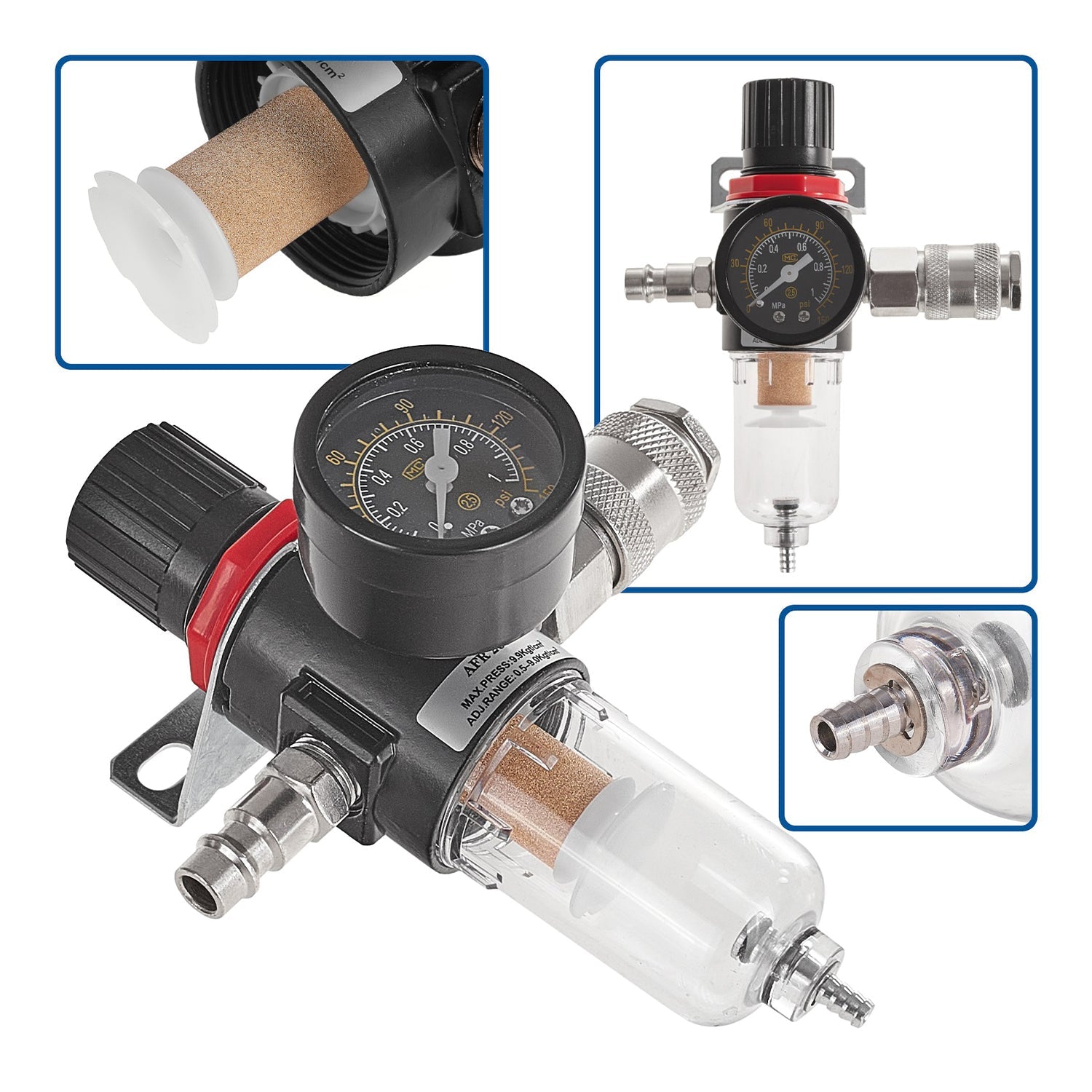 Filtro aria con regolatore di pressione del separatore d'acqua, regolatore del compressore d'aria con valvola di riduzione della pressione e manometro, accessorio per utensili pneumatici, 1/4 Geko