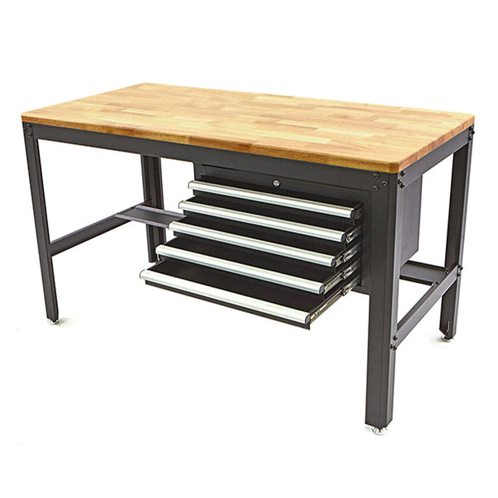 Banco da lavoro professionale con cassettiera-5 cassetti e piano in legno 155 cm