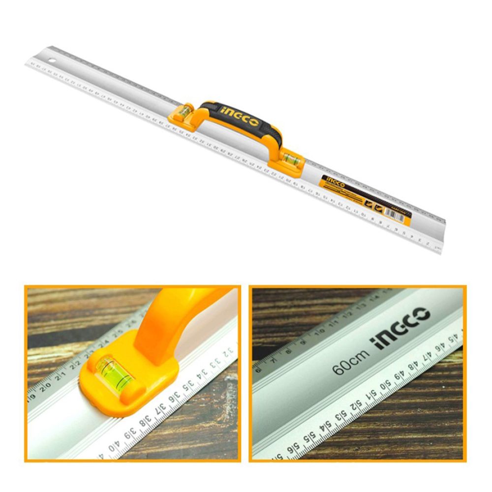 Righello per tagliare e segnare con impugnatura-manico, righello in alluminio con livella, 60 cm, Ingco