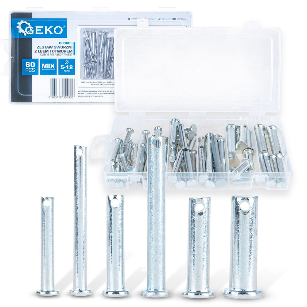 Perni Clevis con assortimento di pin, acciaio inox, singolo foro testa piatta, 60 pezzi, Geko