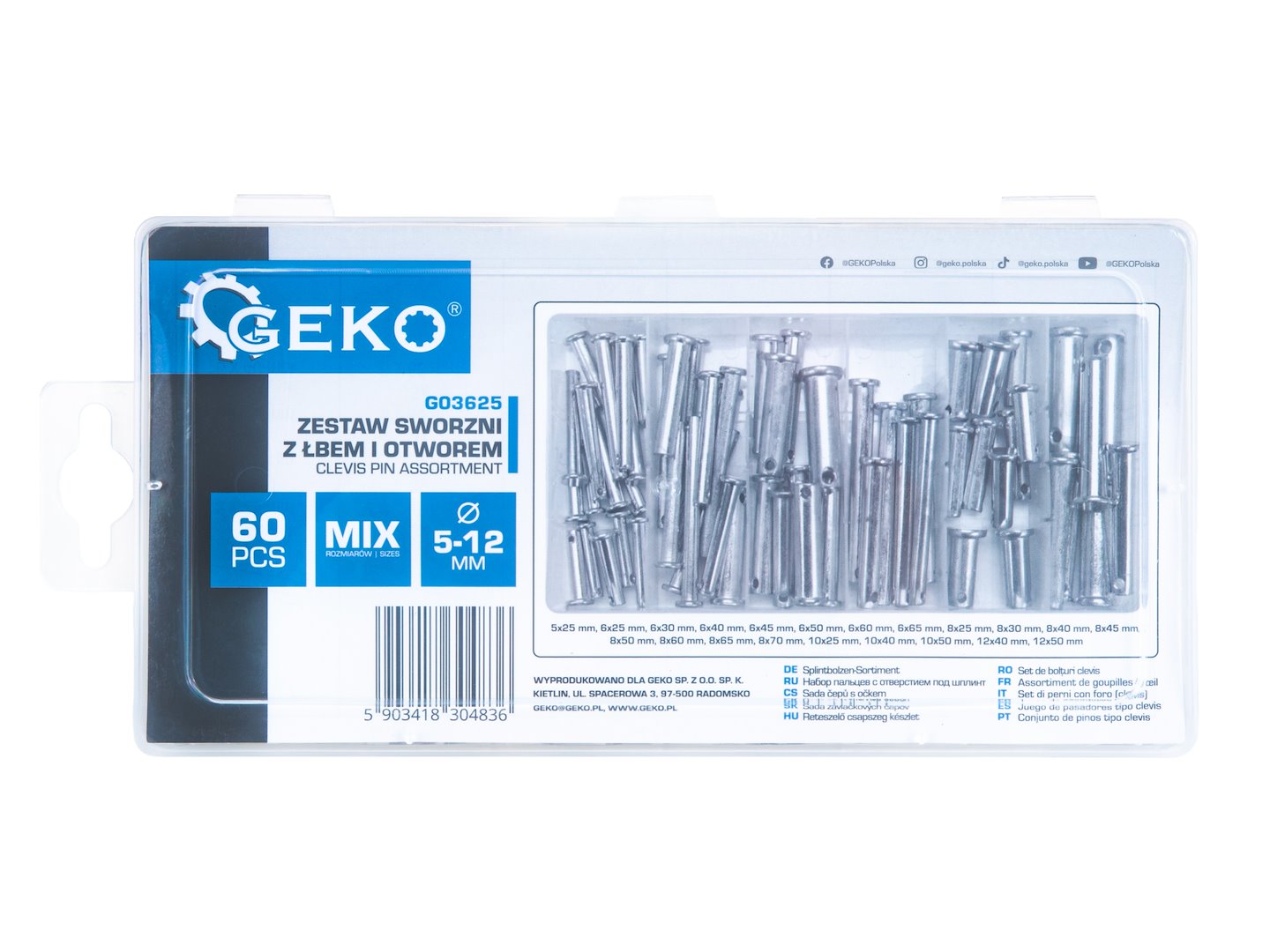 Perni Clevis con assortimento di pin, acciaio inox, singolo foro testa piatta, 60 pezzi, Geko
