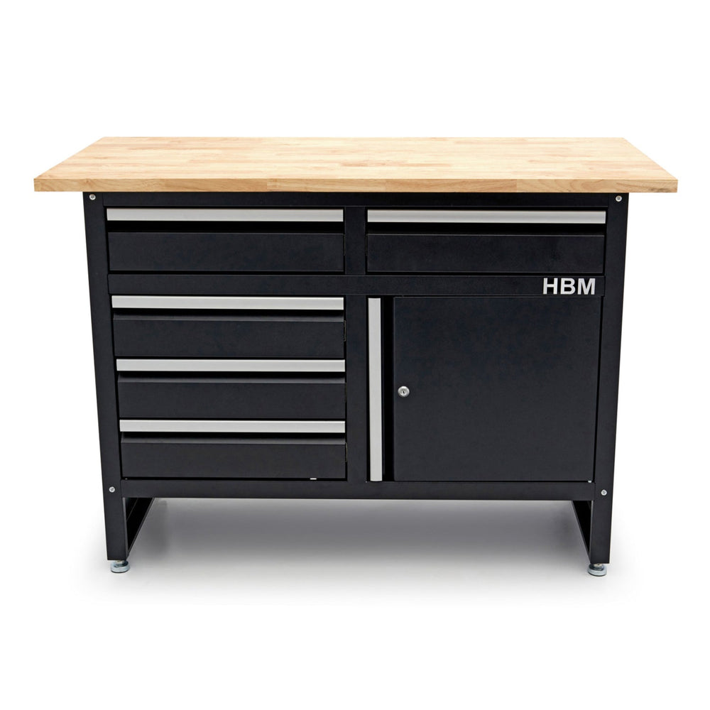 Piano di lavoro, banco da metallico da 120 cm con 5 cassetti, 1 anta e pianale in legno massiccio, Hbm