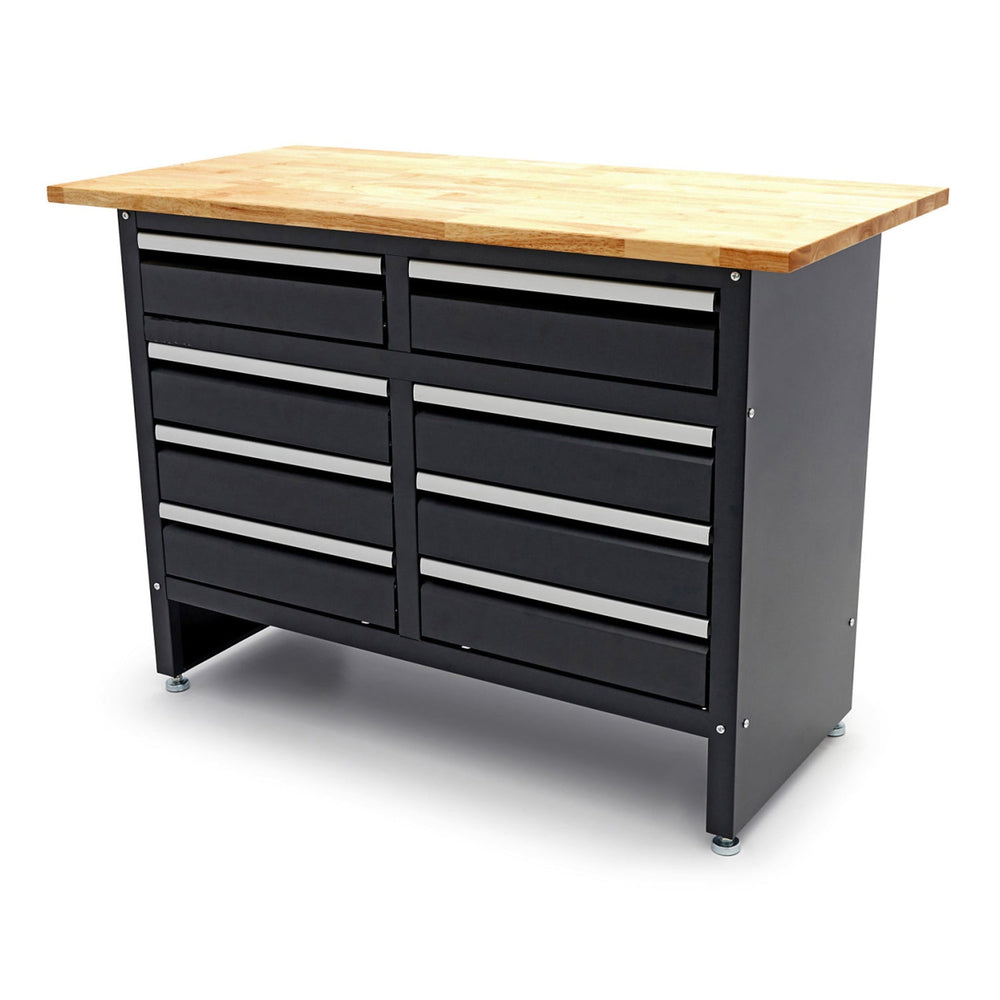 Piano di lavoro, banco metallico da 120 cm con 8 cassetti e pianale in legno massiccio