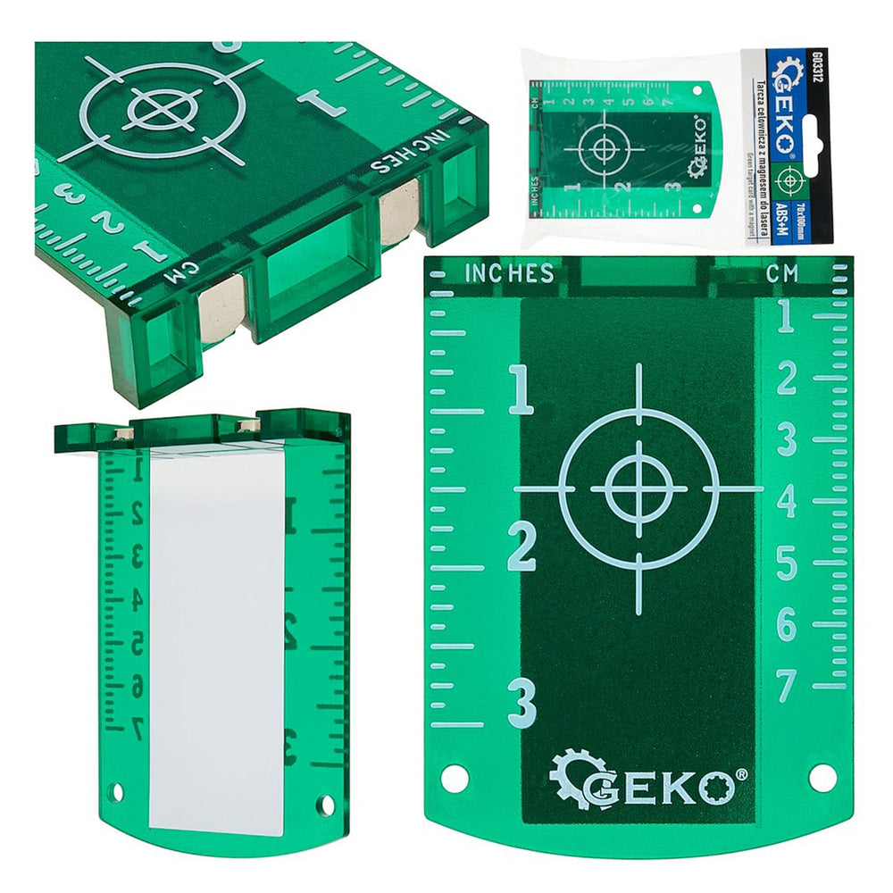 Piastra bersaglio verde riflettente con magneti e scala, livella laser magnetica