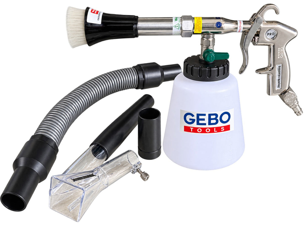 Kit pistola per soffiaggio a secco, pulizia, lavaggio interno auto ad aria compressa Tornador,con adattatore vacuum, serbatoio da 1 litro , Gebo Tools