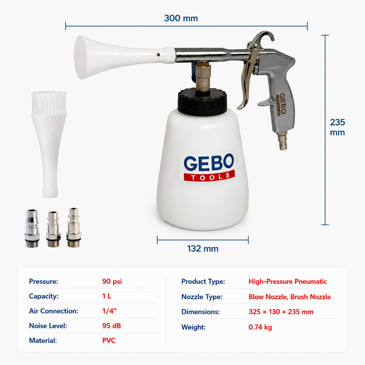 Kit pistola per soffiaggio a secco, pulizia, lavaggio interno auto ad aria compressa Tornador, modello 2 Gebo Tools