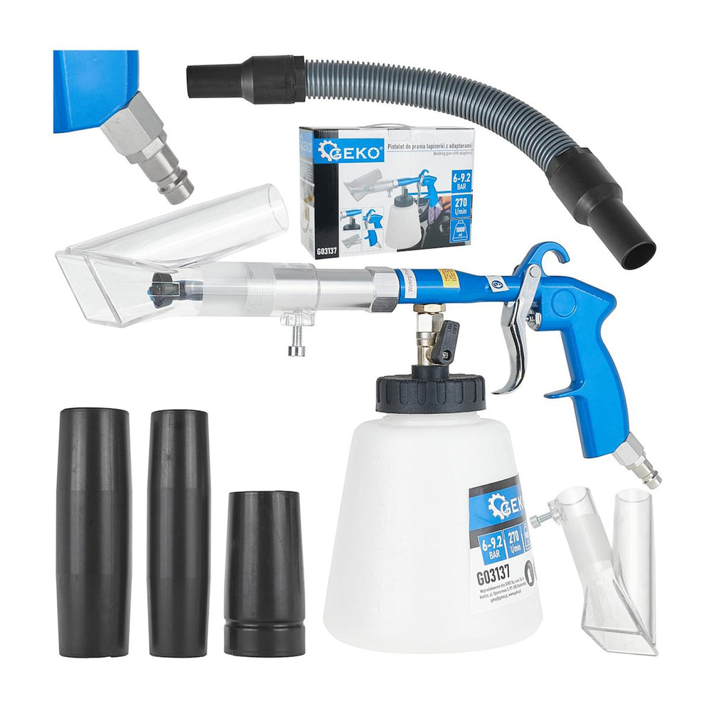 Kit pistola per soffiaggio a secco, pulizia, lavaggio interno auto ad aria compressa Tornador,con 3 adattatori vacuum, bocchetta estrazione e con spazzola, tubo flessibile,serbatoio da 1 litro , 6-9.2 Bar, Geko
