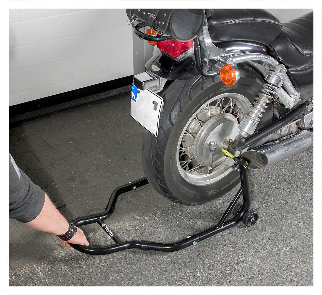 Cavalletto per ruote posteriori per il sollevamento della moto bici garage capacità carico max. 300kg, cavalletto supporto per moto bici da officina adatto testa della forcella a doppia u + l, Redats