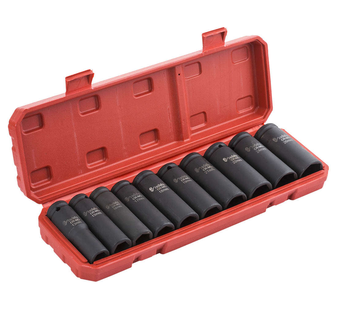 Chiavi a bussola 1/2", set 10 bussole, 13-26mm, bussole a impulsi con custodia in plastica