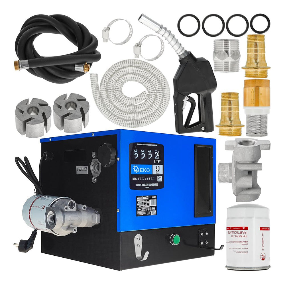 Pompa autoadescante per trasferimento diesel gasolio 60 l/min 550 W con pistola automatica, contatore e filtro,  Geko