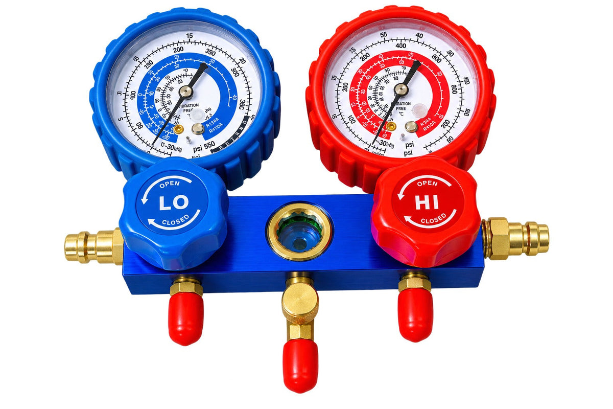 Set-kit pompa vuoto per condizionatori con manometri per HVAC/auto AC, ricarica aria condizionata per R134a, R22, R12 R502 refrigeranti,  70l/min a 2 vie, Gebo Tools
