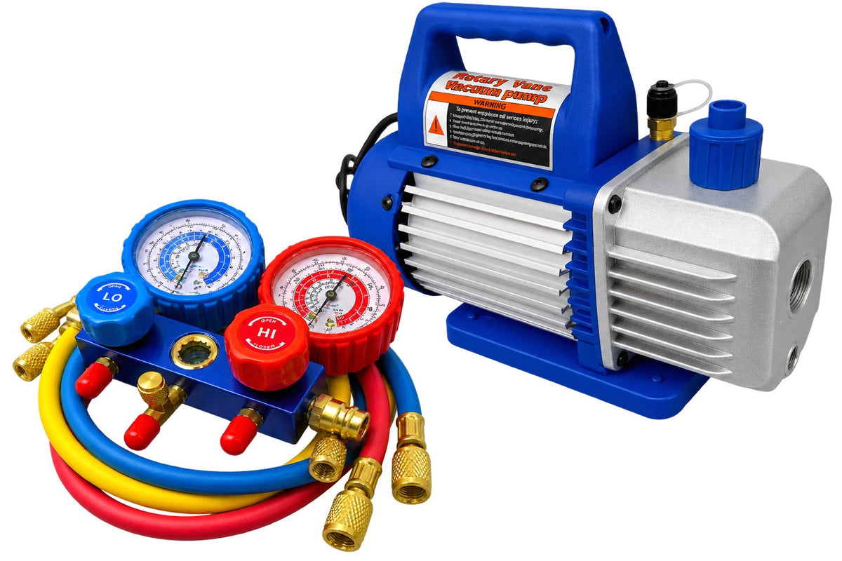 Set-kit pompa vuoto per condizionatori con manometri per HVAC/auto AC, ricarica aria condizionata per R134a, R22, R12 R502 refrigeranti,  70l/min a 2 vie, Gebo Tools