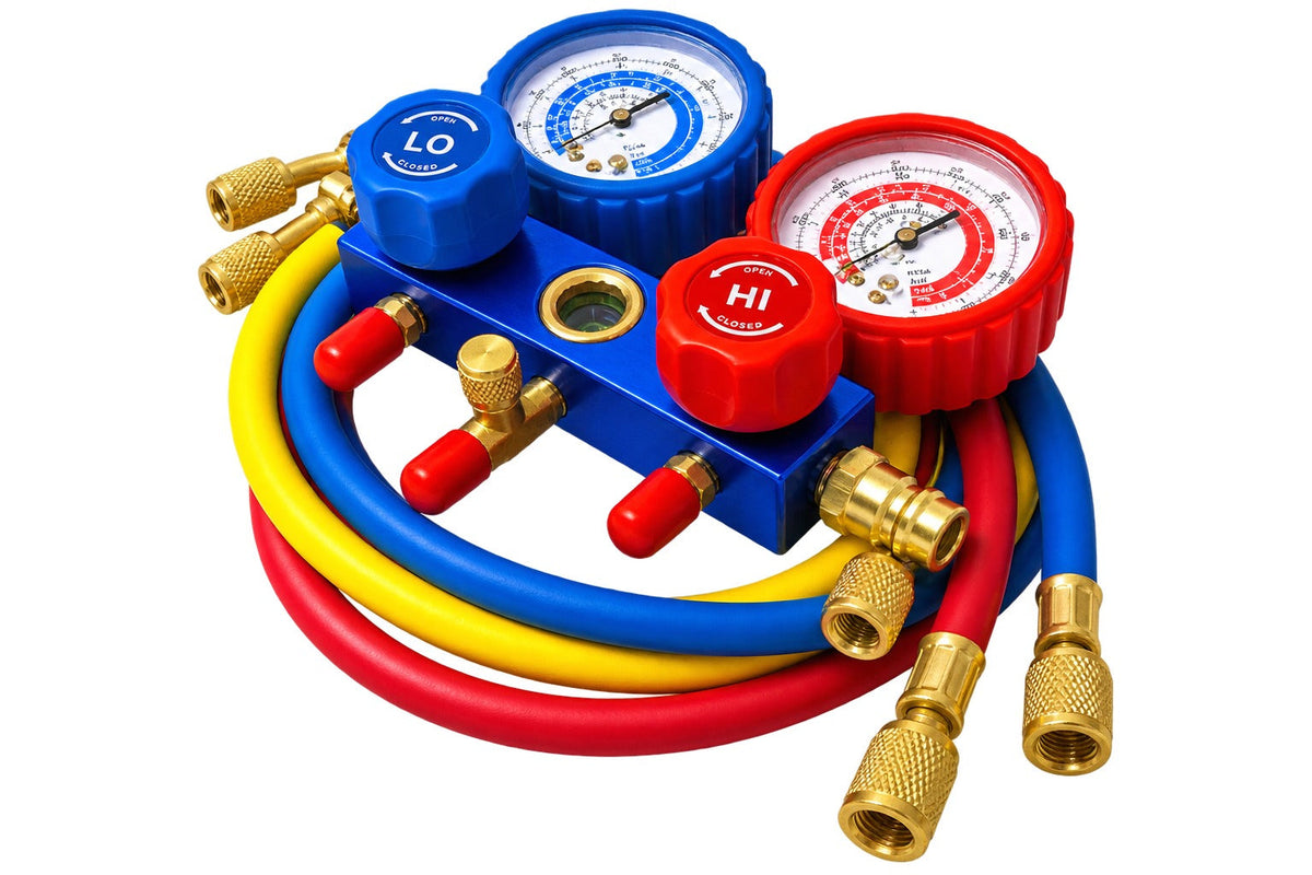 Set-kit pompa vuoto per condizionatori con manometri per HVAC/auto AC, ricarica aria condizionata per R134a, R22, R12 R502 refrigeranti,  70l/min a 2 vie, Gebo Tools