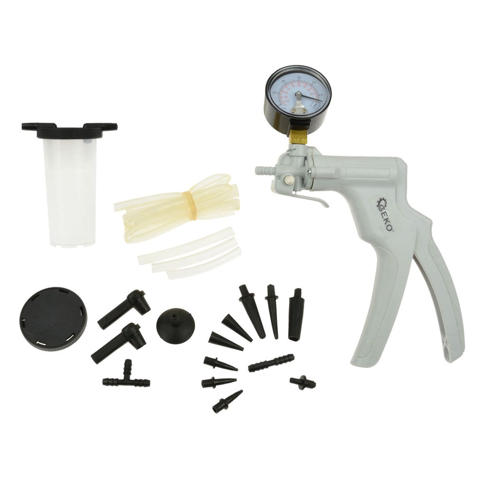 Pompa vuoto manuale vacuometro tester pressione depressione ,kit spurgo freni con accessori Geko