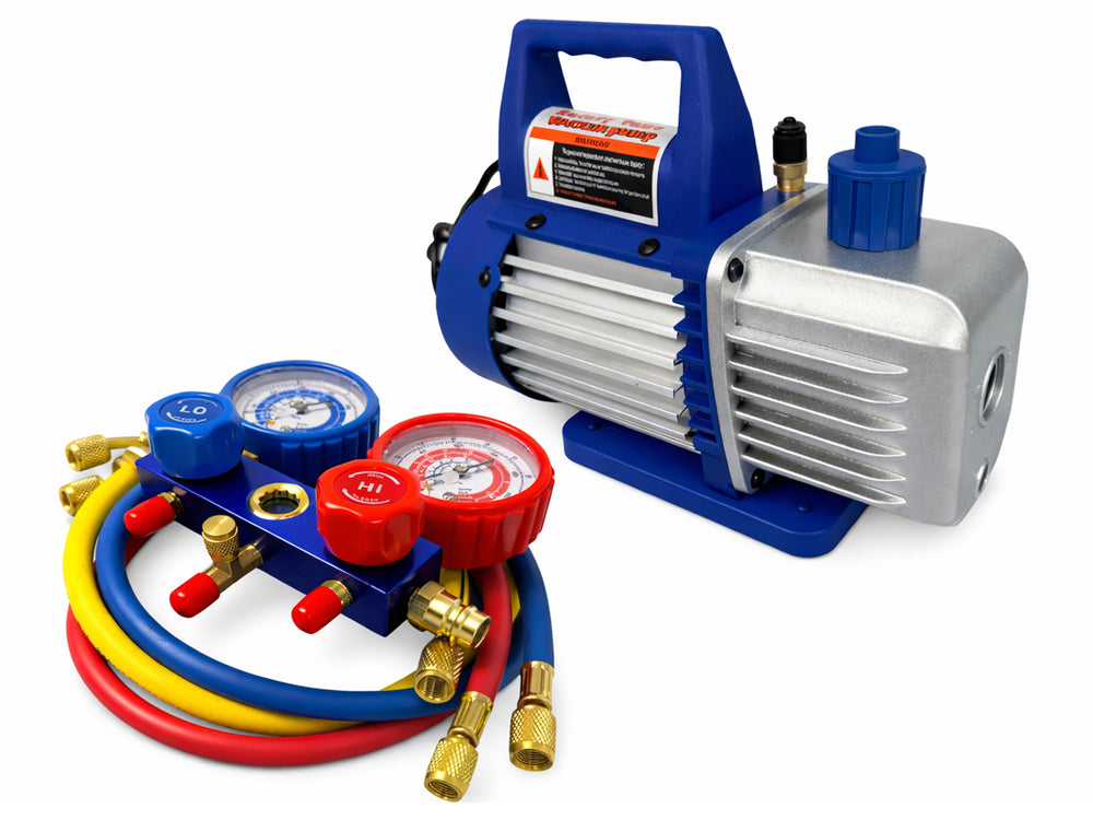 Set-kit pompa vuoto per condizionatori con manometri per HVAC/auto AC, ricarica aria condizionata per R134a, R22, R12 R502 refrigeranti,  70l/min a 2 vie, Gebo Tools