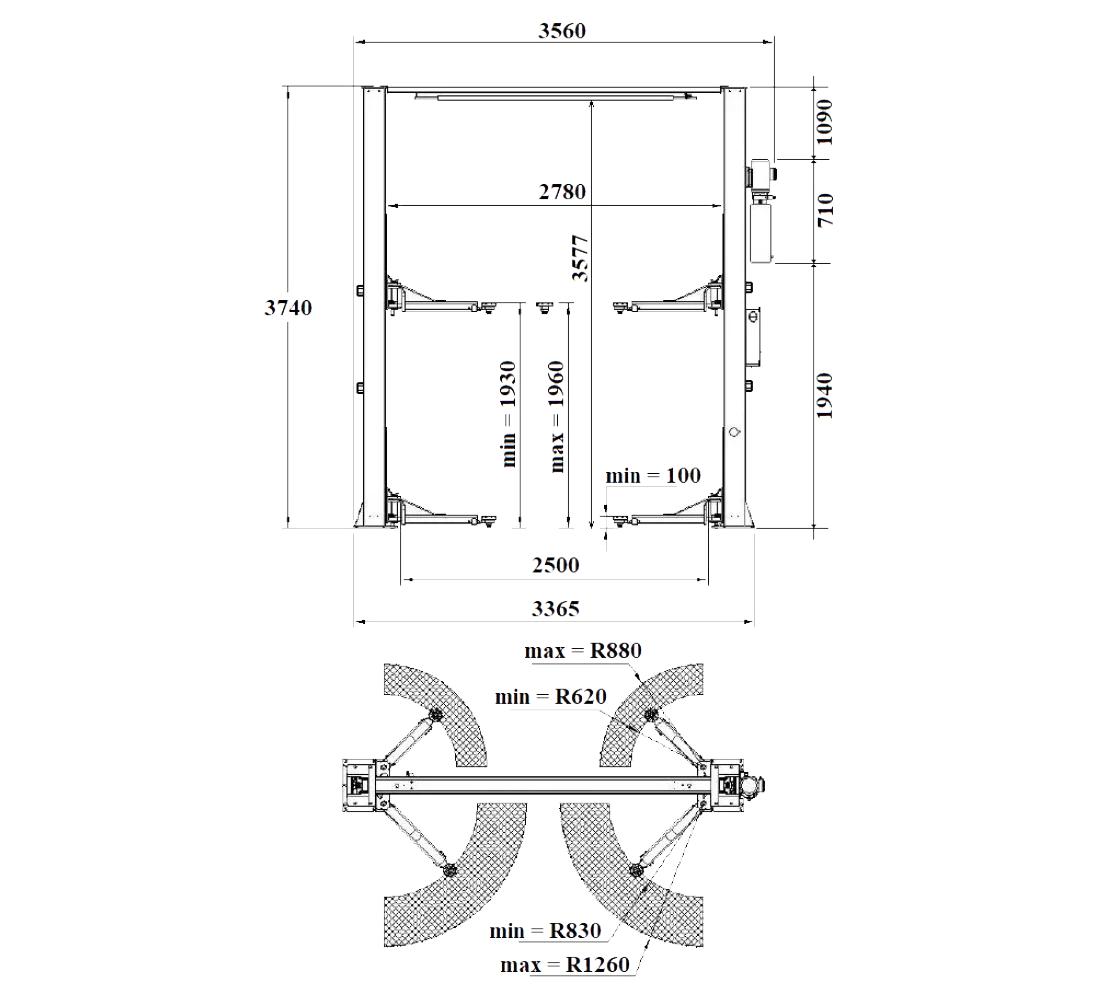 Ponte sollevatore auto a 2 colonne, portata 4000 kg, idraulico,con traversa superiore, sblocco manuale ,olio gratis incluso