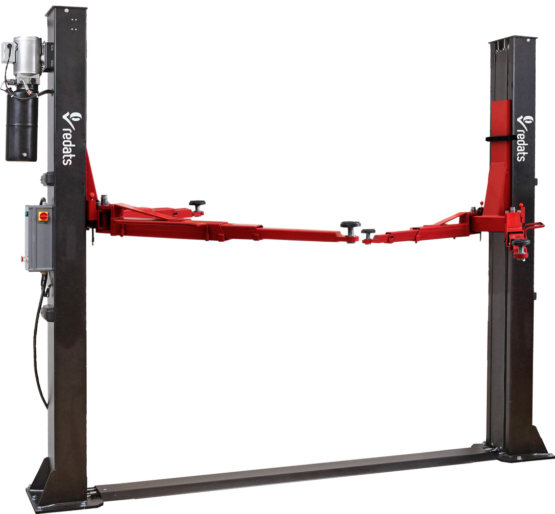 Ponte sollevatore auto a 2 colonne, portata 4000 kg, idraulico, sblocco automatico elettroidraulico, bracci simmetrici a 3 segmenti 230 V L-240F Redats