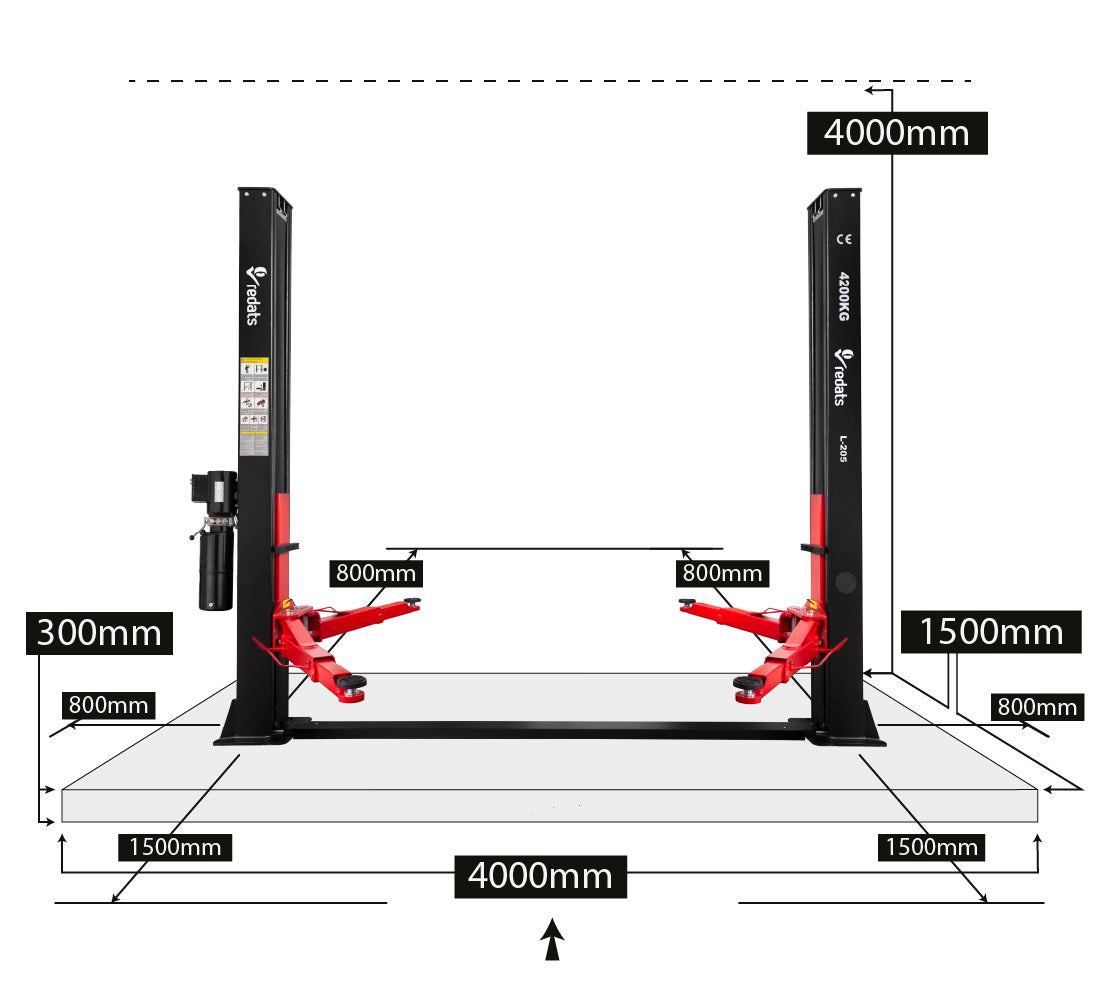 Ponte sollevatore auto a 2 colonne, portata 4200 kg, 230v, idraulico, sblocco manuale elttroidraulico, Redats