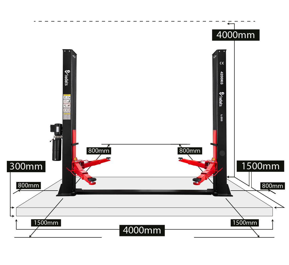 Ponte sollevatore auto a 2 colonne, portata 4200 kg, 380v, idraulico, sblocco manuale elettroidraulico, Redats