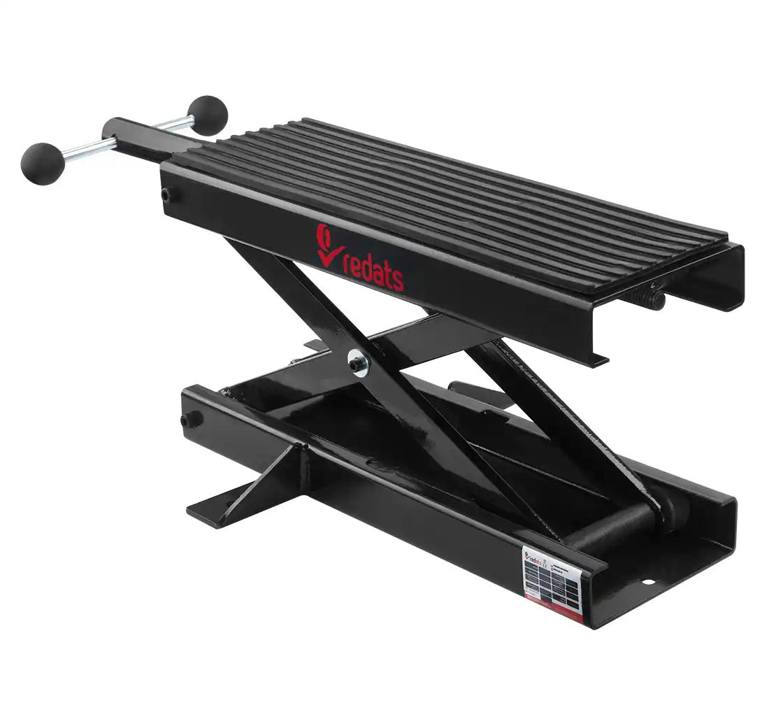 Ponte sollevatore cric idraulico a forbice per moto da officina capacità max. 500kg altezza regolabile 9,5-42,5 cm, cavalletto alzamoto con 2 selle antiscivolo da officina operazione idraulica, Redats