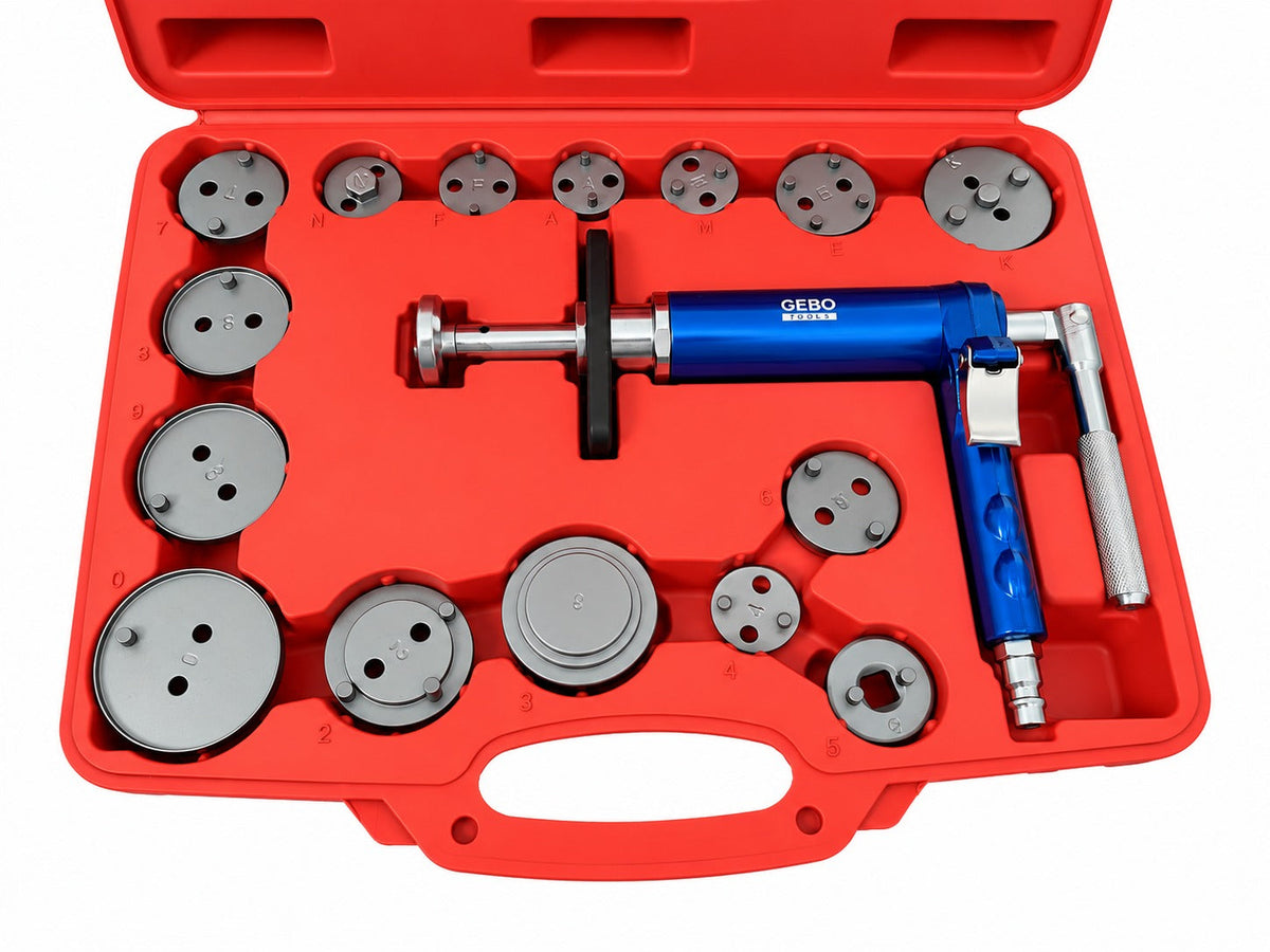 Set-kit pressa pneumatica per pistoncini delle pinze freno, divaricatore per pastiglie dei freni per auto, strumenti per la retrazione del pistone 16 pezzi Gebo Tools
