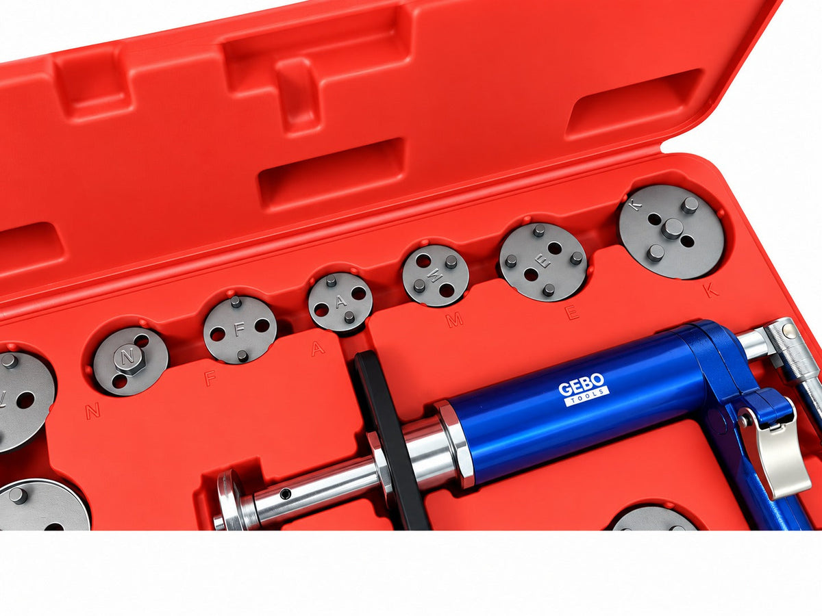 Set-kit pressa pneumatica per pistoncini delle pinze freno, divaricatore per pastiglie dei freni per auto, strumenti per la retrazione del pistone 16 pezzi Gebo Tools