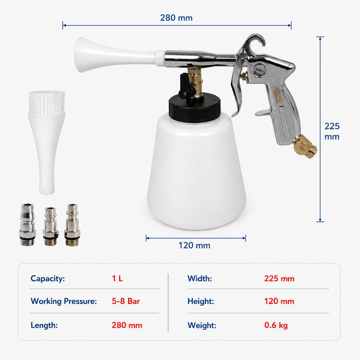 Kit pistola per soffiaggio a secco, pulizia, lavaggio interno auto ad aria compressa Tornador, modello 1 Gebo Tools