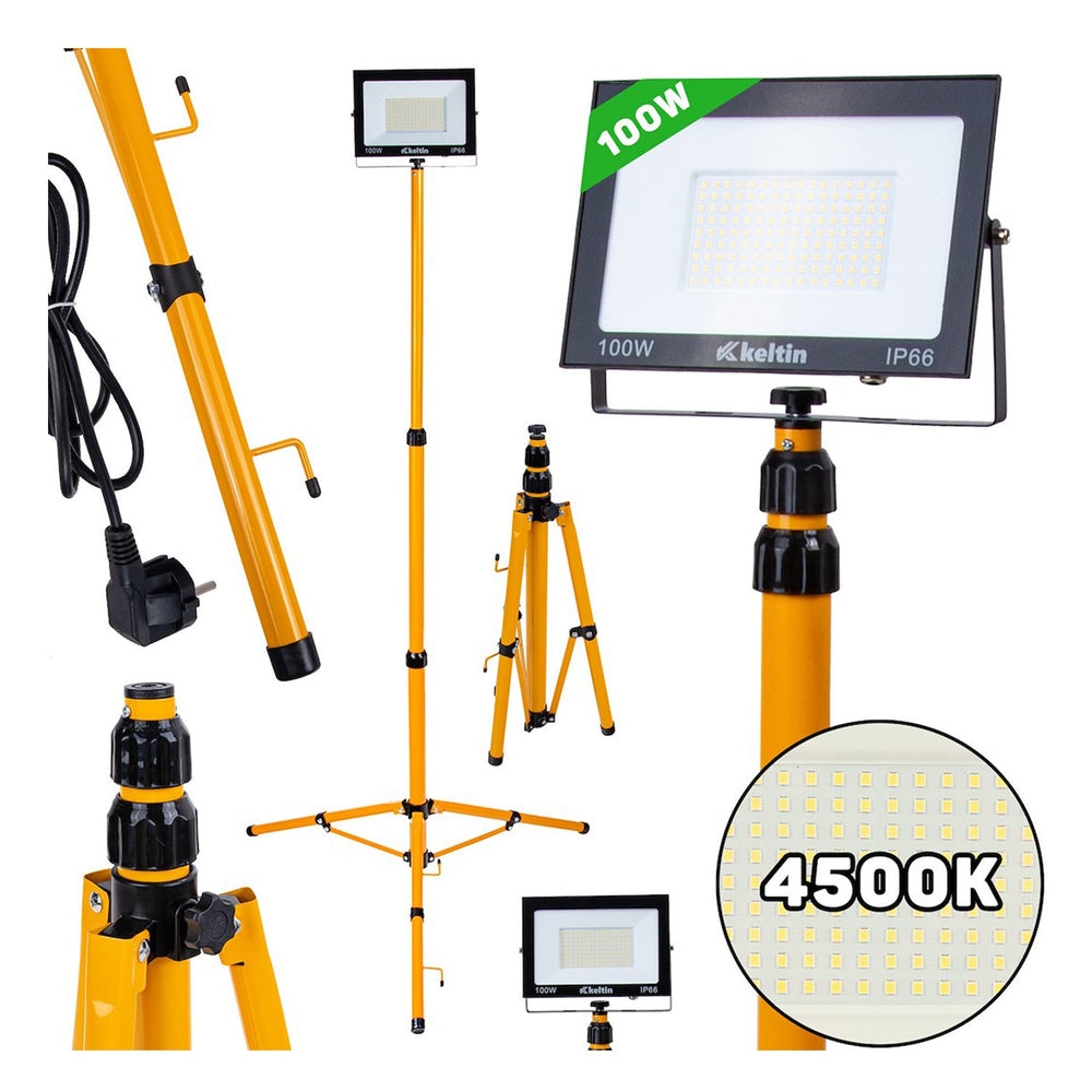 Proiettore LED 100 w con treppiede telescopico, regolabile 60–160 cm, bianco neutro 4500 K, 10.000lm, Geko