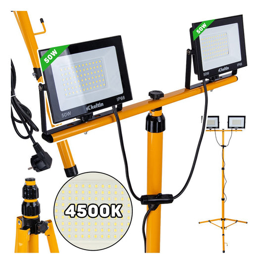Proiettore LED 100 w con treppiede telescopico, regolabile 60–160 cm, bianco neutro 4500K IP66 KELTIN