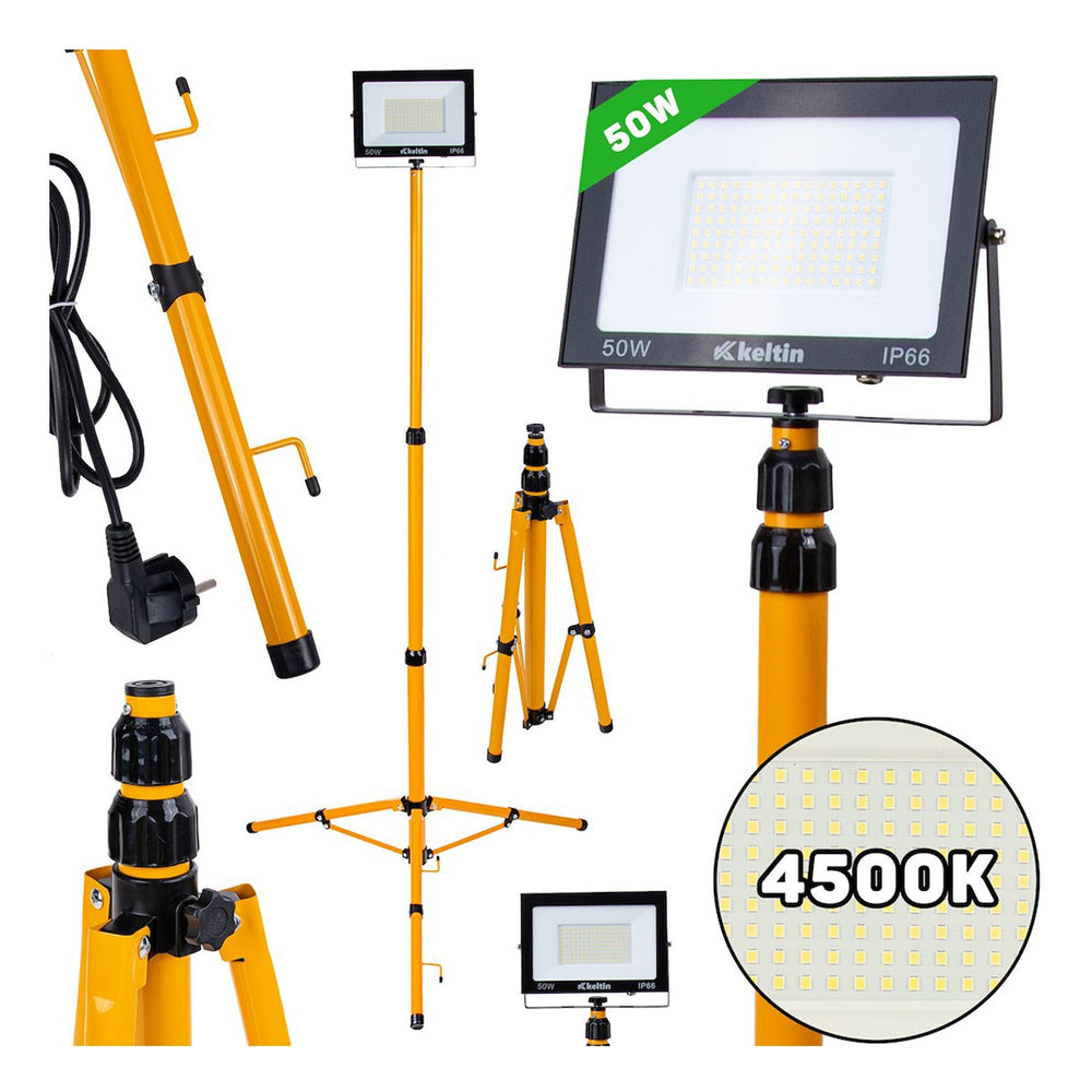 Proiettore LED 50 w con treppiede telescopico ,regolabile 60–160 cm, bianco neutro 4500K 4500lm, Geko
