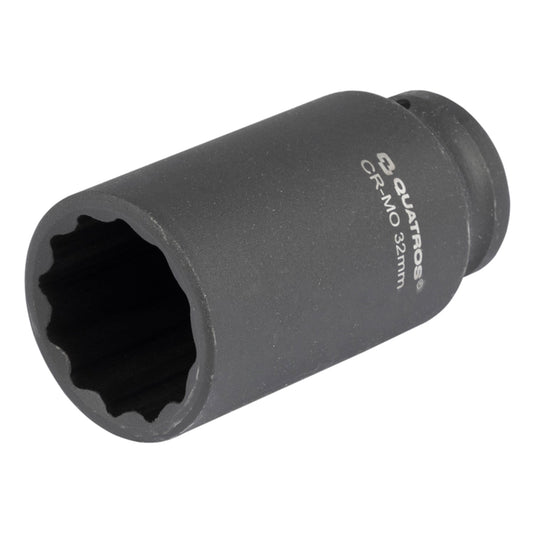 Chiave a bussola a impatto-a impulsi lunga a 12 punte con attacco 1/2" pollici, 32 mm, Cr-Mo, bussola poligonale multidente in acciaio cromo-molibdeno