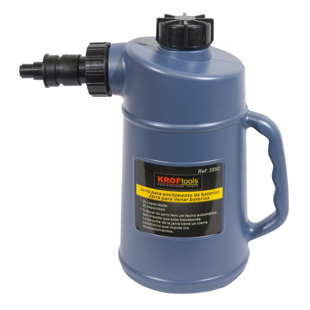 Recipiente riempimento batteria auto, contenitore per liquido piombo - acido, tanica con bocchettone, 2 litri Kroftools