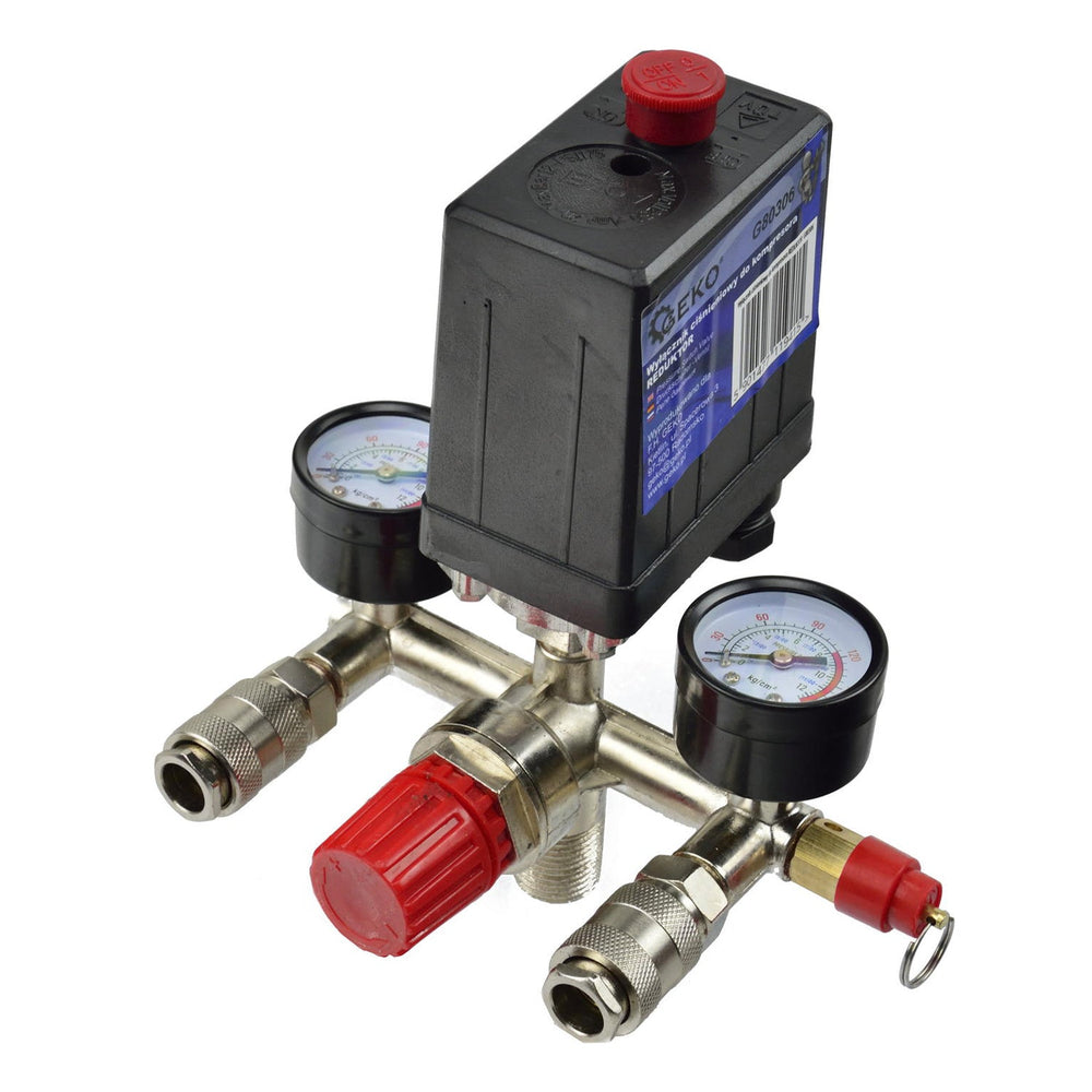 Regolatore di pressione con pressostato per compressore e 2 display manometri, Geko