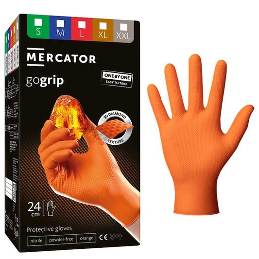 Guanti monouso in nitrile, extra resistenti, no polvere, no lattice, per meccanici, tatuatori, ristorazione, guanti da lavoro professionali, premium Mercator GoGrip One by One arancioni taglia M set da 100 pezzi