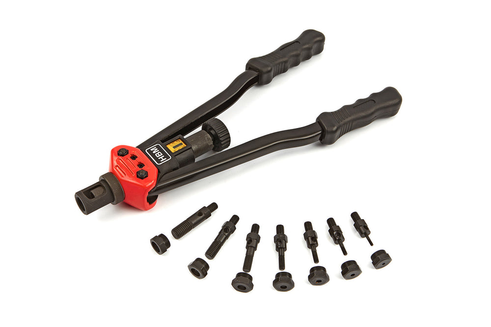 Set-kit rivettatrice manuale professionale, pinza per rivetti, tenaglia per filettati e a strappo, dadi ciechi, M3-M12 Hbm Machines Olanda