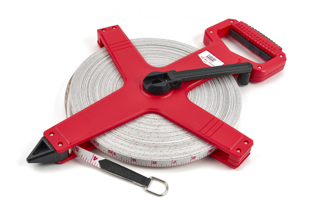 Rotella metrica professionale con impugnatura, per rilievi topografici, con nastro in fibra di vetro 100 m Hbm
