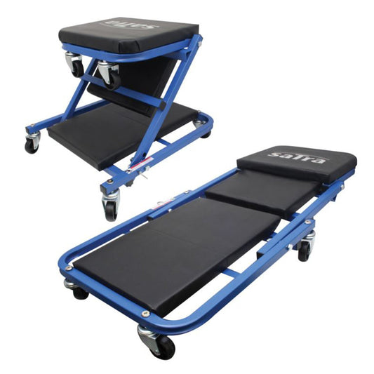 Sdraio e sgabello da officina 2 in 1, superficie imbottita 6 ruote girevoli portata 120kg, pieghevole, sedia per meccanico 2 in 1 con sedile imbottito, letto convertibile per la riparazione auto Satra