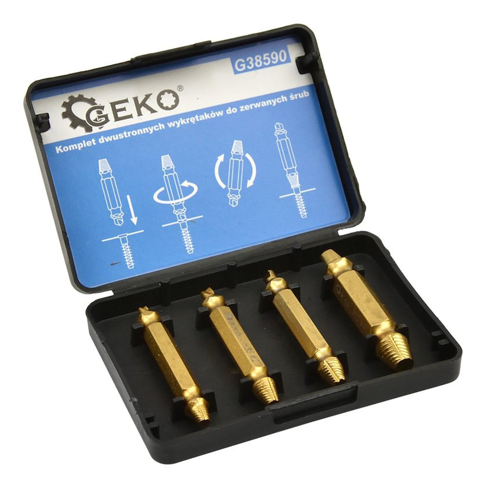 Se-kit 4 estrattori professionali per viti rotte in acciaio HSS 4341,  prigionieri e viti spanate, strumento di rimozione Geko