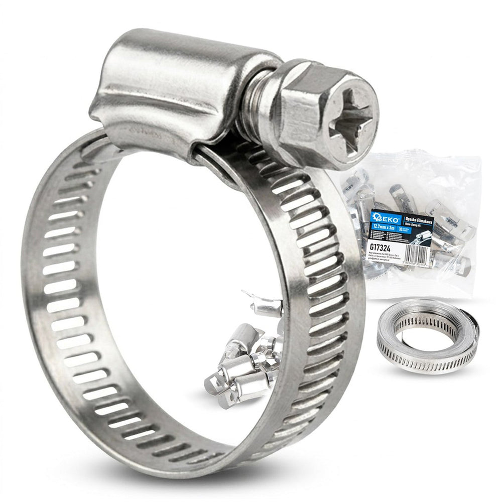 Set-kit 10 fascette stringitubo regolabili tubi ,per applicazioni tubature automobilistiche e meccaniche, collari in acciaio, 12.7mm x 3m, con viti di fissaggio, Geko